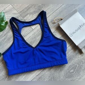 Fabletics Square Open Back Royal Blue w Black Trim Sports Bra. Size S